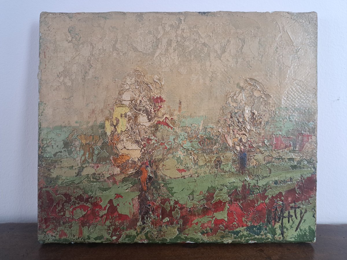 Pommiers en fleurs , Huile sur toile , Signé , XX°. -photo-1