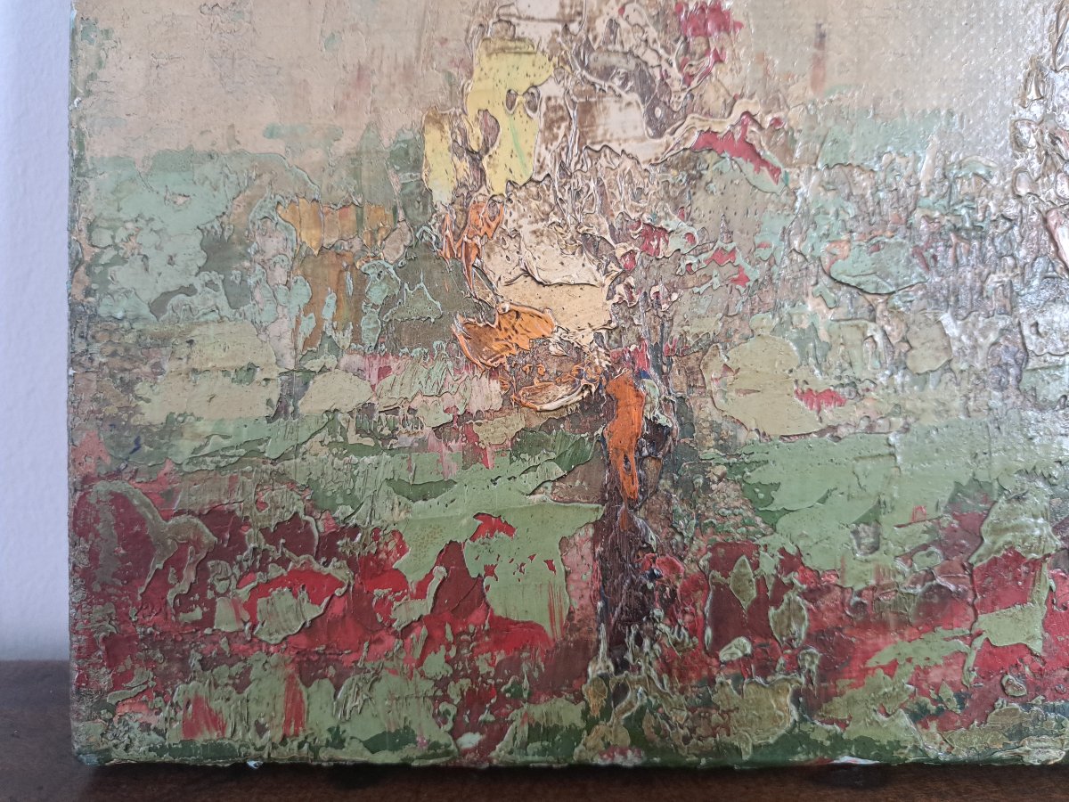 Pommiers en fleurs , Huile sur toile , Signé , XX°. -photo-2