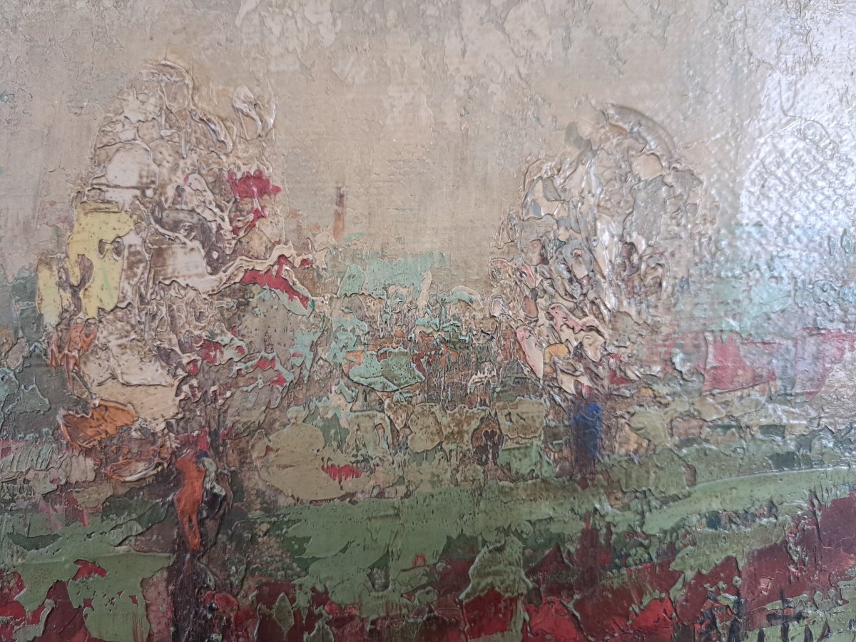 Pommiers en fleurs , Huile sur toile , Signé , XX°. -photo-3