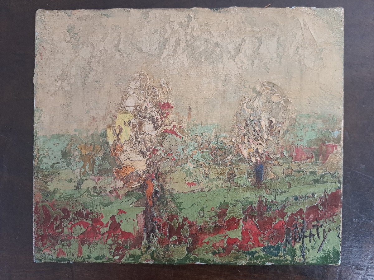 Pommiers en fleurs , Huile sur toile , Signé , XX°. -photo-6