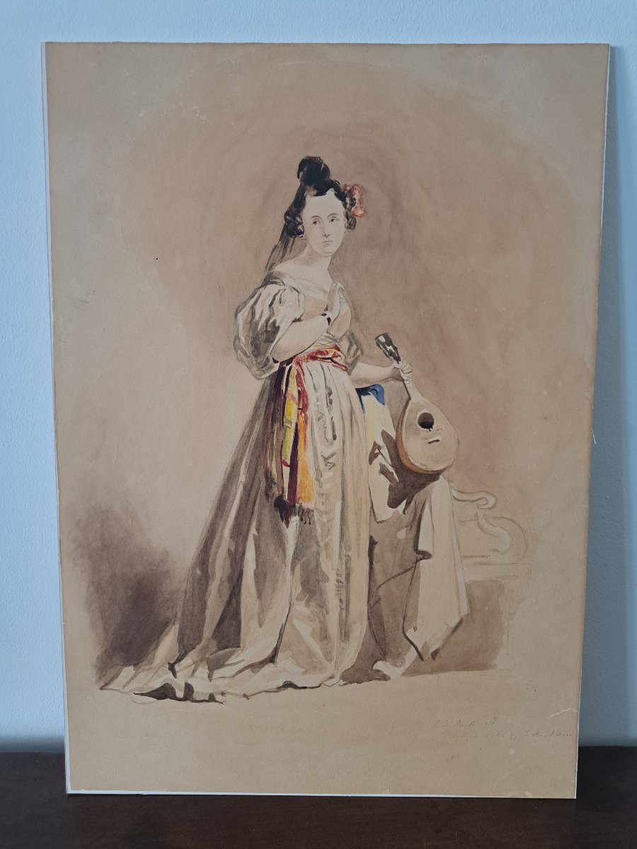 Dame à la mandoline , Aquarelle , signée , XIX°. -photo-2