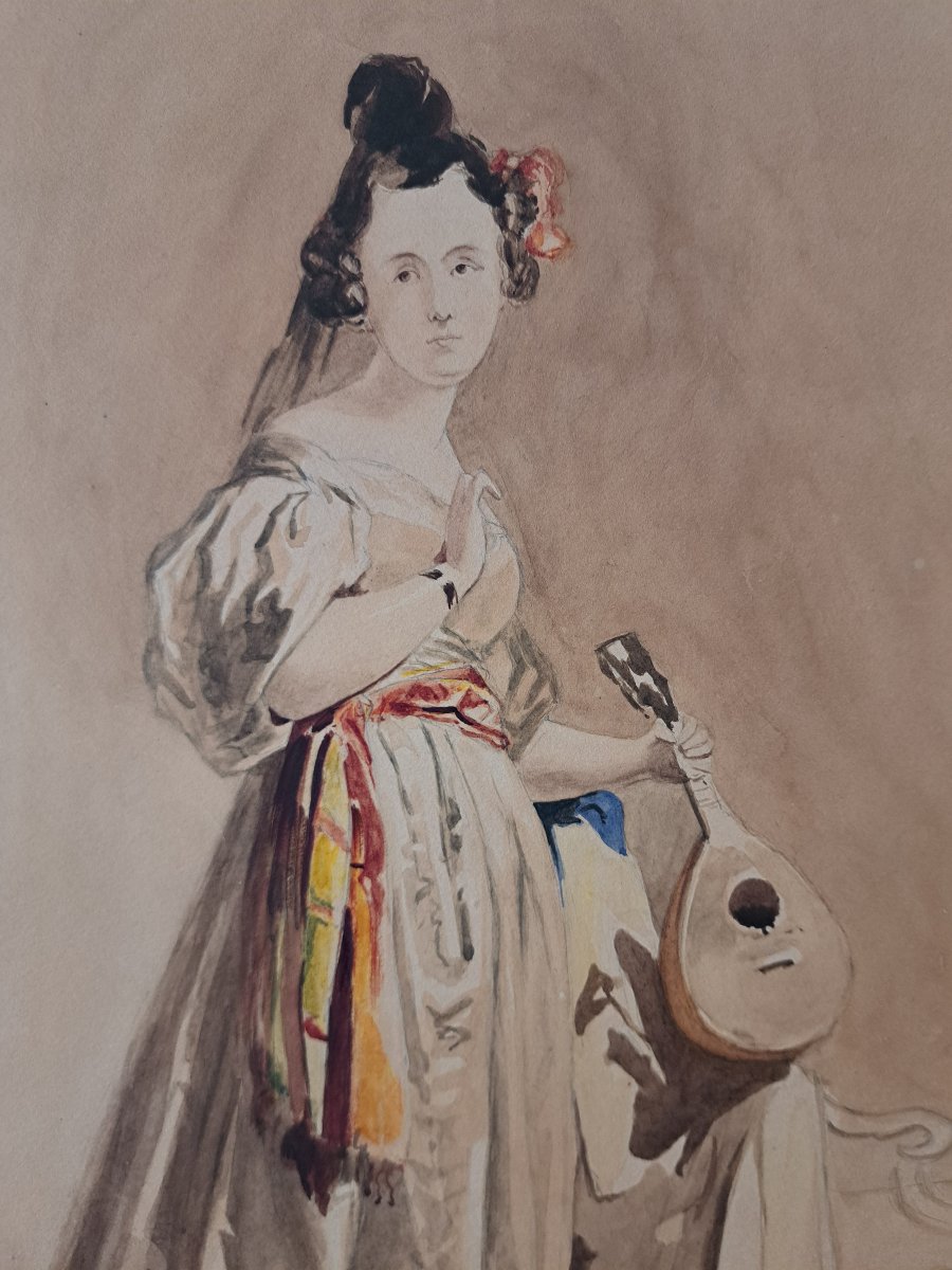 Dame à la mandoline , Aquarelle , signée , XIX°. -photo-3