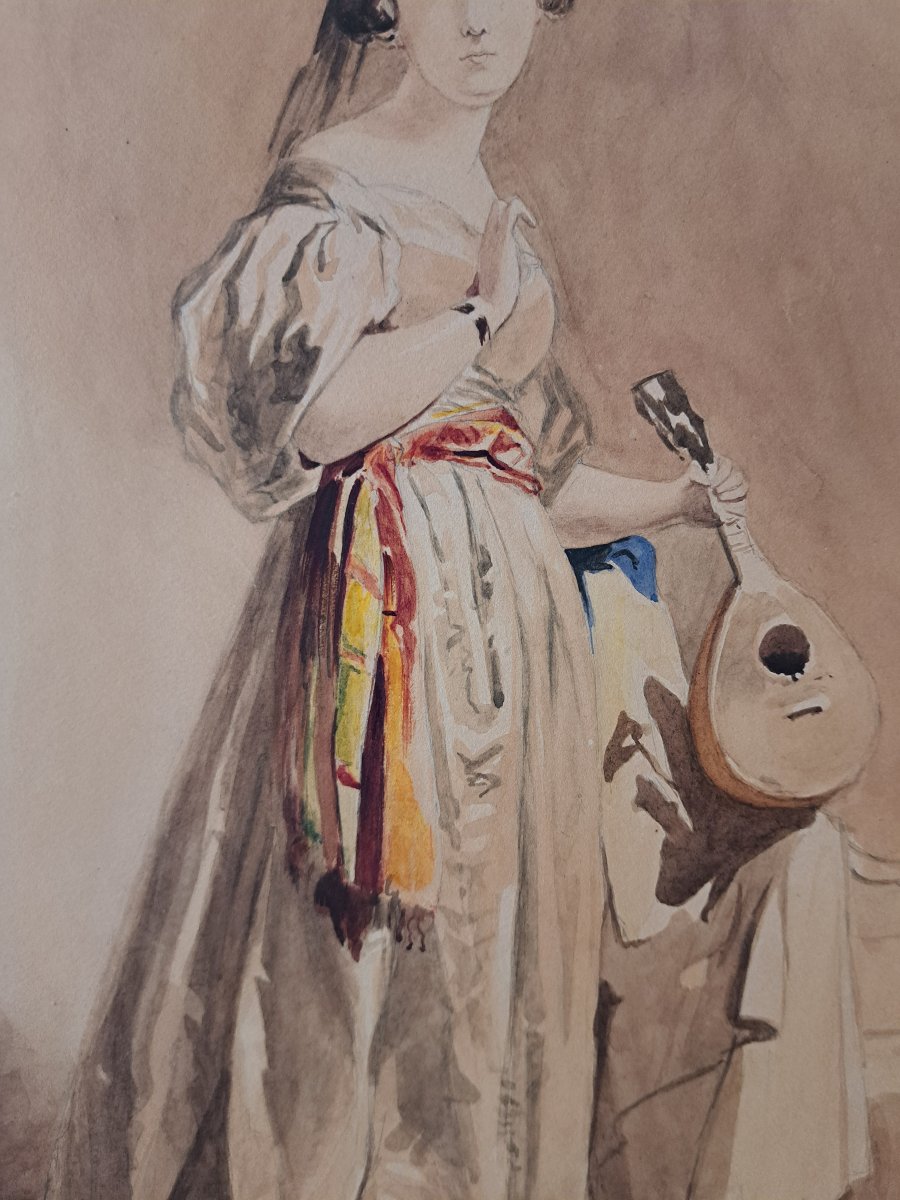 Dame à la mandoline , Aquarelle , signée , XIX°. -photo-4