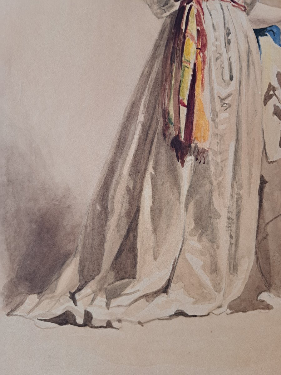 Dame à la mandoline , Aquarelle , signée , XIX°. -photo-5