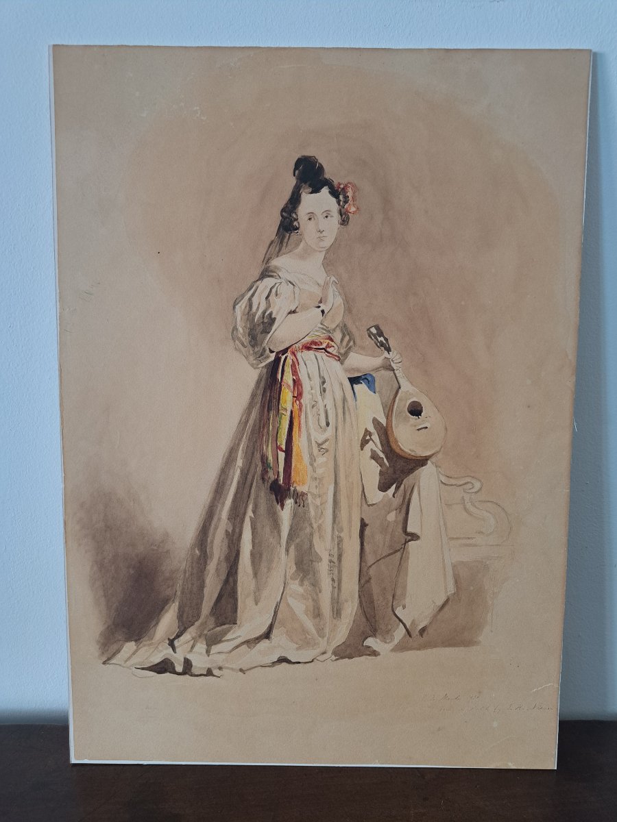 Dame à la mandoline , Aquarelle , signée , XIX°. 
