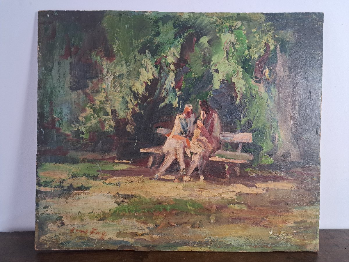 Hanns Fay, Conversation In A Park, Oil On Panel, 20th Century. -photo-2