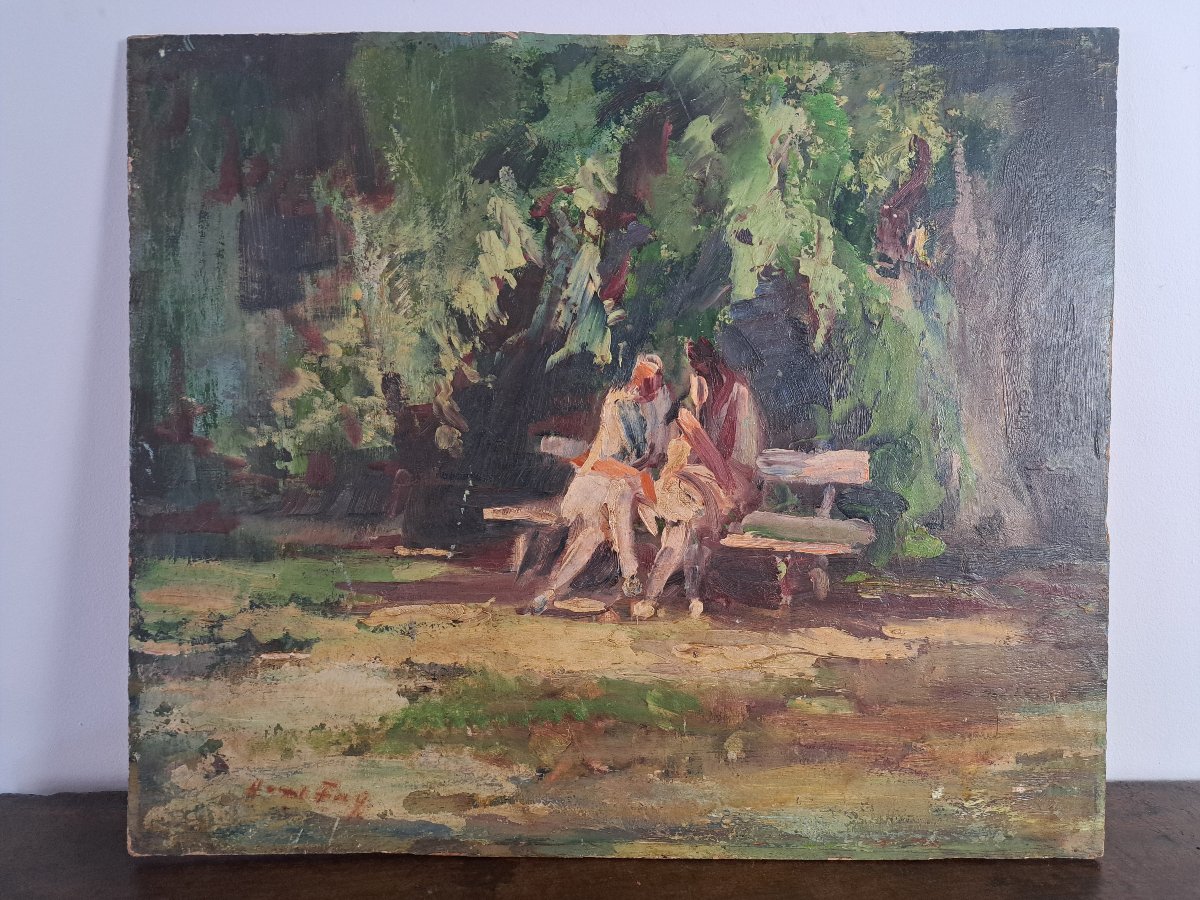 Hanns Fay, Conversation In A Park, Oil On Panel, 20th Century. -photo-3