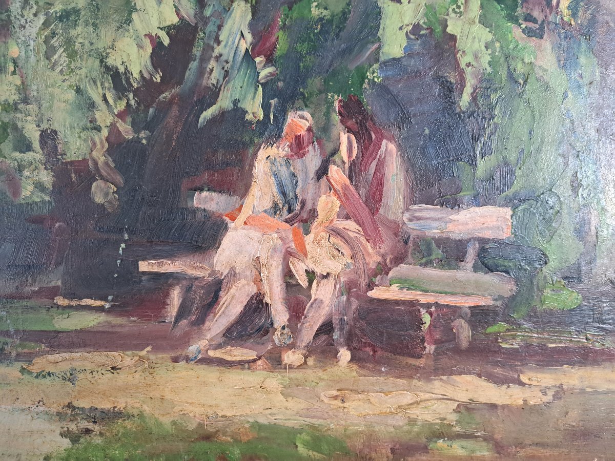 Hanns Fay, Conversation In A Park, Oil On Panel, 20th Century. -photo-4
