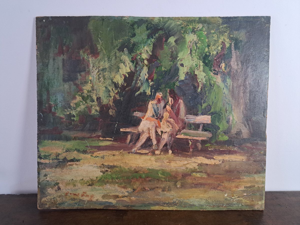 Hanns Fay, Conversation In A Park, Oil On Panel, 20th Century. -photo-4