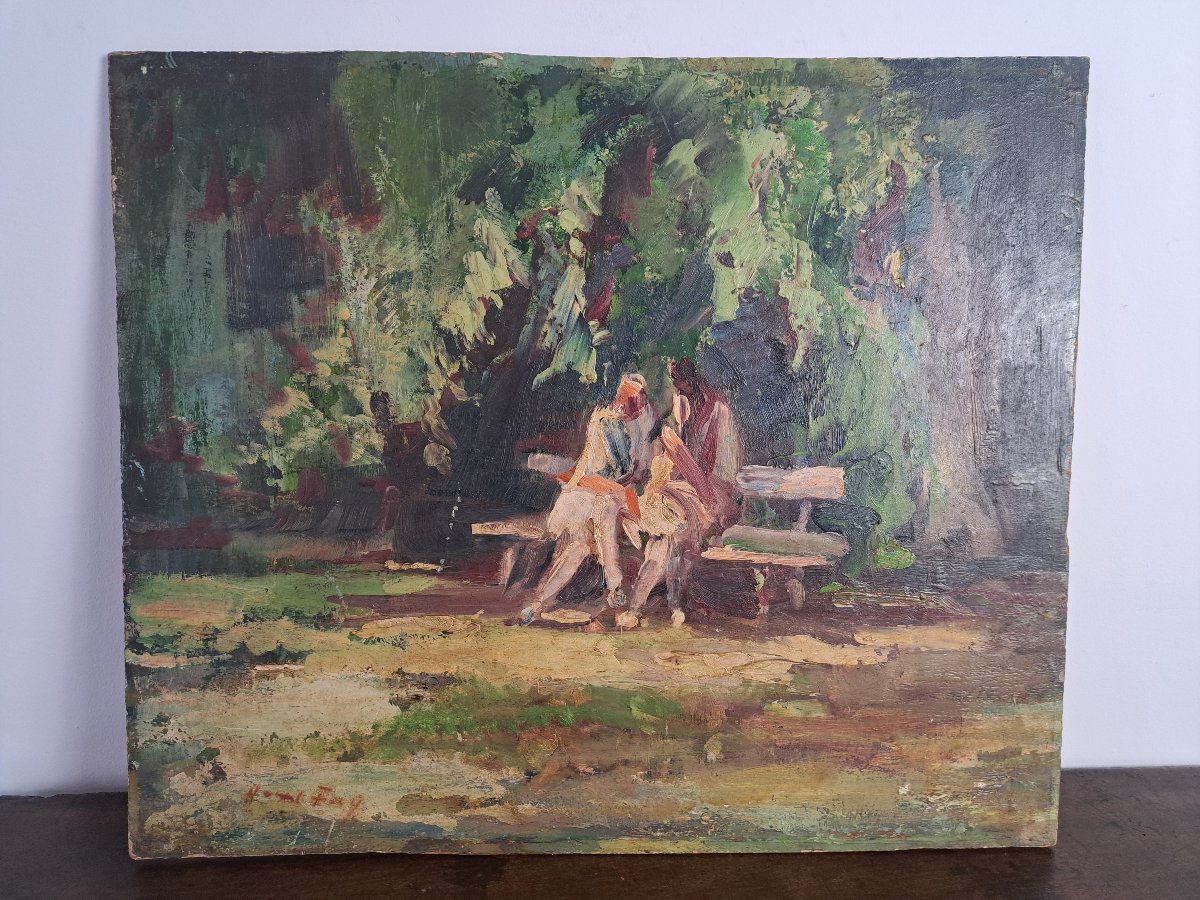 Hanns Fay, Conversation In A Park, Oil On Panel, 20th Century. 