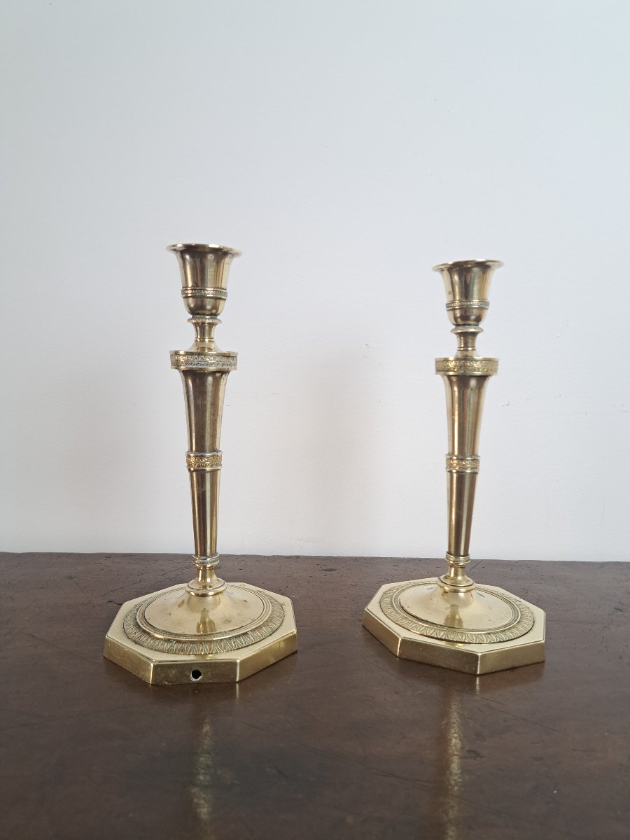 Pair Of Candlesticks, Bronze, Empire Style, 19th Century. -photo-2