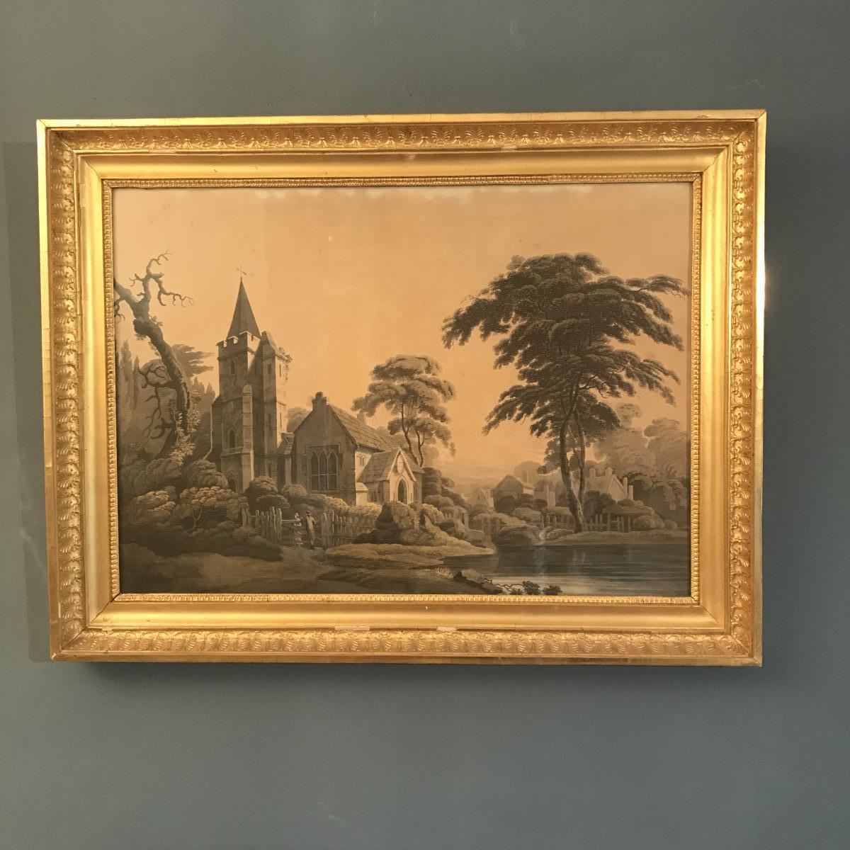 Pair Of Engravings, Landscapes, Wood Frame And Stucco Gilded, Empire.-photo-2