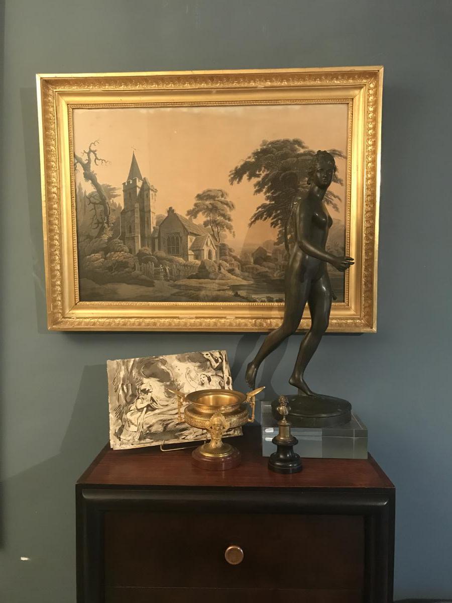 Pair Of Engravings, Landscapes, Wood Frame And Stucco Gilded, Empire.-photo-4