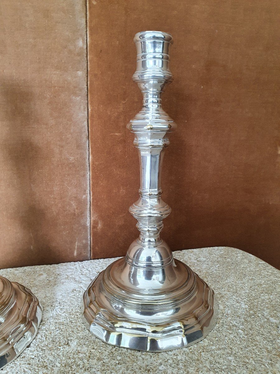 Pair Of Louis XV Candlesticks, Silver Metal, Early Twentieth.-photo-2