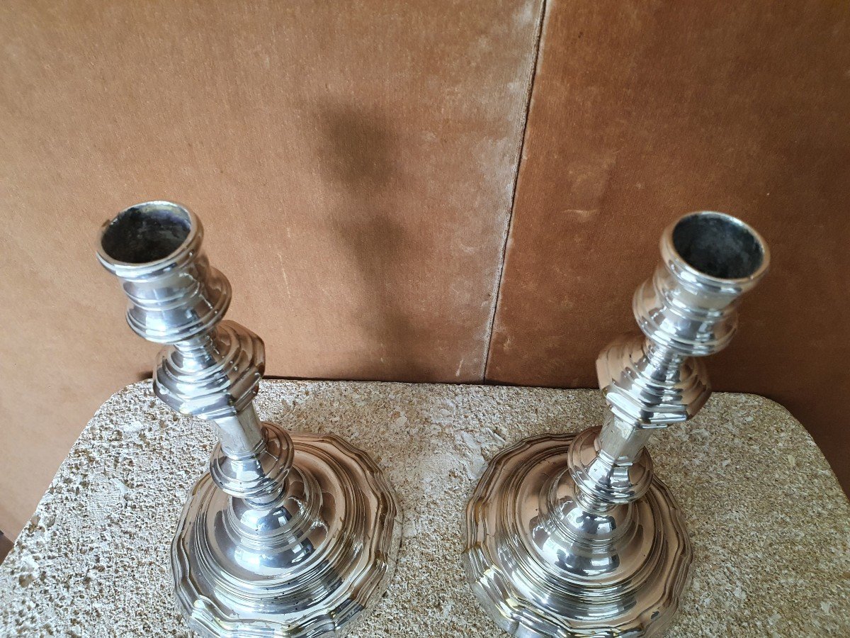 Pair Of Louis XV Candlesticks, Silver Metal, Early Twentieth.-photo-6