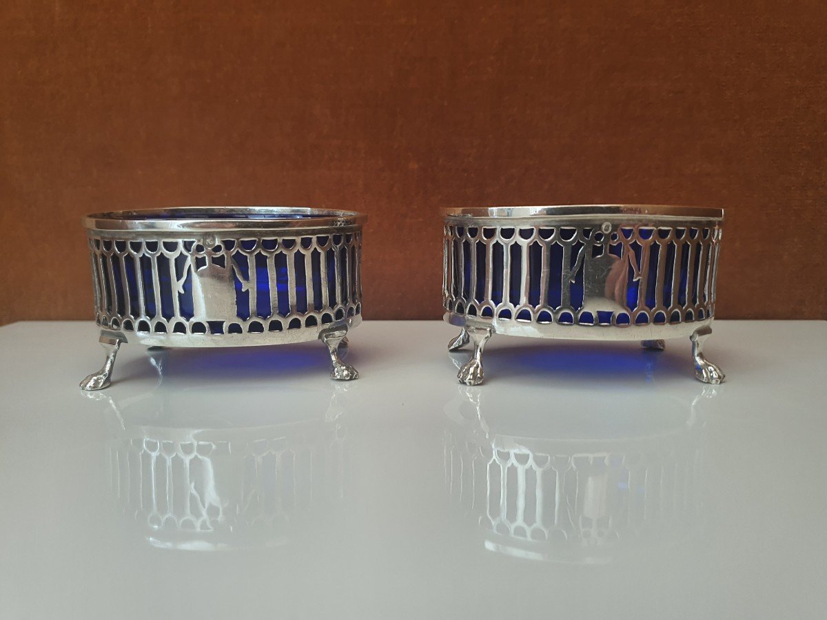 Pair Of Salt Shakers, Silver And Blue Glass, 1798-1809.