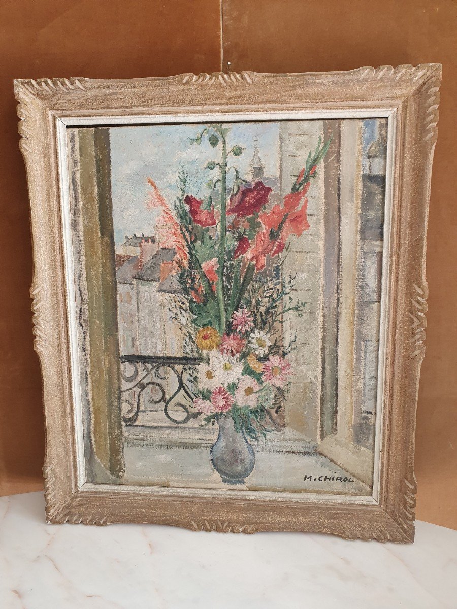 Marguerite Chirol , Bouquet De Fleurs à La Fenêtre , Paris , Huile Sur Toile, XX°. -photo-3