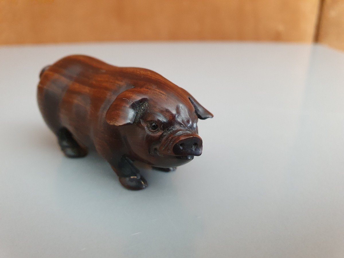 Netsuké, Pig, Wood, Late 19th / Early 20th Century.-photo-6