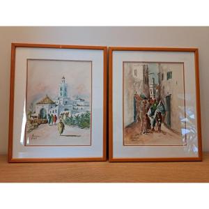 Rachid Beniounes, Pair Of Views Of Moroccan Villages, Watercolor, 20th Century.