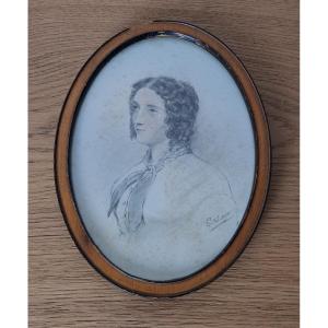 Oval Portrait Of Young Girl, Miniature, Drawing, 19th Century.