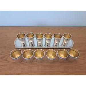 12 Liqueur Goblets And Tray, Sterling Silver, Louis XVI, 19th Century.