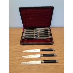 12 Table Knives, Ebony And Silver, 19th Century.