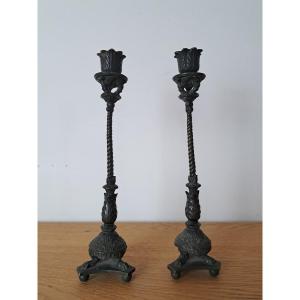Pair Of Candlesticks, Renaissance Style, Patinated Bronze, 19th Century. 