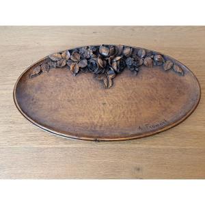A.fromont, Wooden Tray Carved With Flowers, Art Nouveau, Early 20th Century. 