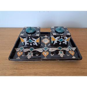 Louis Tissier /nabeul Workshop, Inkwell, Enameled Ceramic, Tunisia, Early 20th Century. 