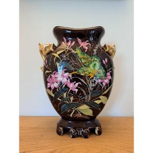 Grand Vase , Martin Pêcheur , Décor Japonisant , Porcelaine , Art Nouveau , Fin XIX°. 