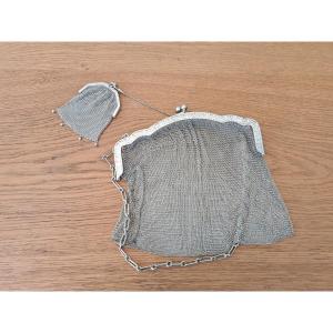 Germany, Mesh Bag And Its Coin Purse, Sterling Silver, Art Deco, Early 20th Century. 