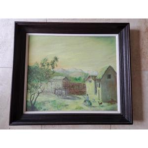 Andriambeloson  Roland , Vue d'Une Ferme Malgache , Huile Sur Toile , XX°. 