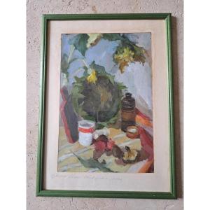 Ecole russe ,Nature Morte , Huile Sur Papier , XX°. 