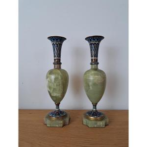 Pair Of Vases, Onyx And Cloisonné Enamel Bronze, Circa 1900. 