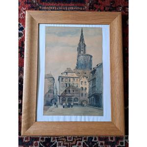 Charles Jean Forget (1886/1960). Strasbourg , Place du marché , Aquarelle , début XX°. 