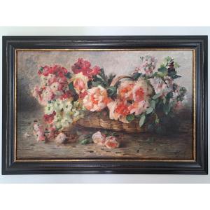 Anne Frédérique Giesler, Flowered Basket, Oil On Canvas, Late 19th/early 20th Century.  