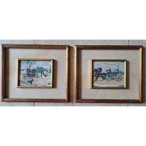 After Toulouse Lautrec And Le Douanier Rousseau, Pair Of Gouaches, Harnesses, 20th Century. 