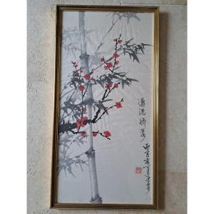 Fleurs de prunier et Bambou , Encre et couleur sur papier , Chine , XX°. 