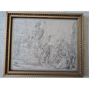 Village Scene, Ink And Wash Drawing, 19th Century. 