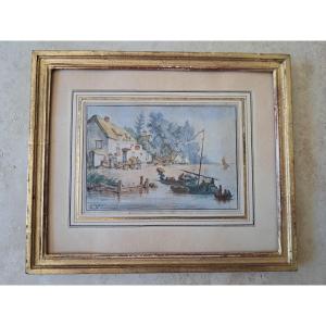 Le déchargement des marchandises , Marine , Aquarelle , XIX°. 