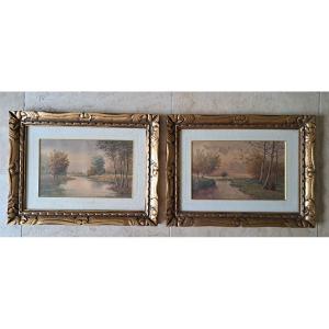 François Joseph Girot , Paire d'aquarelles de paysages automnales , Fin XIX°/Début XX°. 