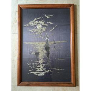 Clair de lune , Grande broderie sur soie , Chine , Début XX°. 