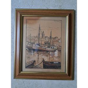 H.Navézard , Bateaux de pêche dans le port de Marseille , Dessin , 1946. 