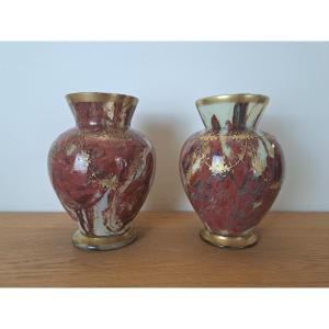 Ernest Leveillé /Legras , Paire de vases , Verre marmoréen et dorure , Fin XIX°. 