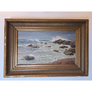 A.Jeancolas , Bord de mer agité en Algérie , Huile sur panneau , Fin XIX°.