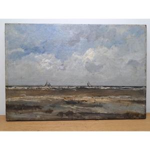 Léonce Chabry , Voiliers au large de la côte landaise , Huile sur toile , XIX°. 