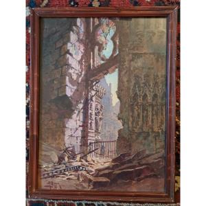 Antoine Barbier , Portail de la Cathédrale de Reims , Aquarelle , XX°. 