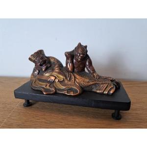 Japon , Enma-o et Oni , Bronze patiné , Fin XIX°/Début XX°. 