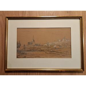 Vue de village , Dessin XIX°. 