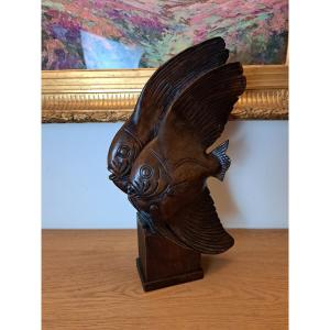 J.vargas, Two Angelfish, Natural Wood, Active In The 20th Century.